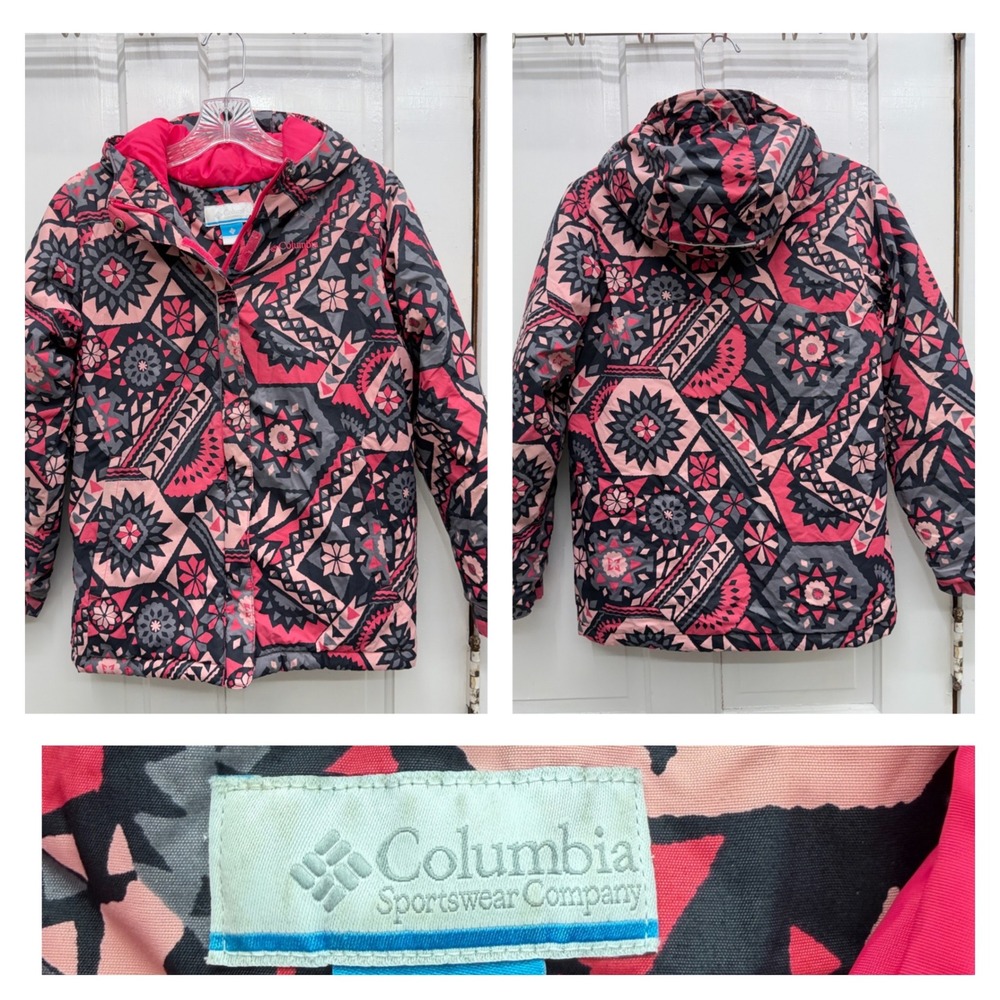 Columbia Horizon Ride II Girls Pink Grey Hooded‎ Puffer Winter Coat Jacket Large
